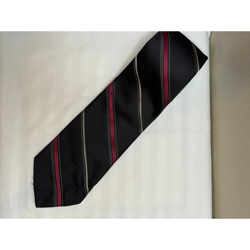 Christian Dior Monsieur Vintage Striped Silk Blend Tie Black Burgundy Silver USA
